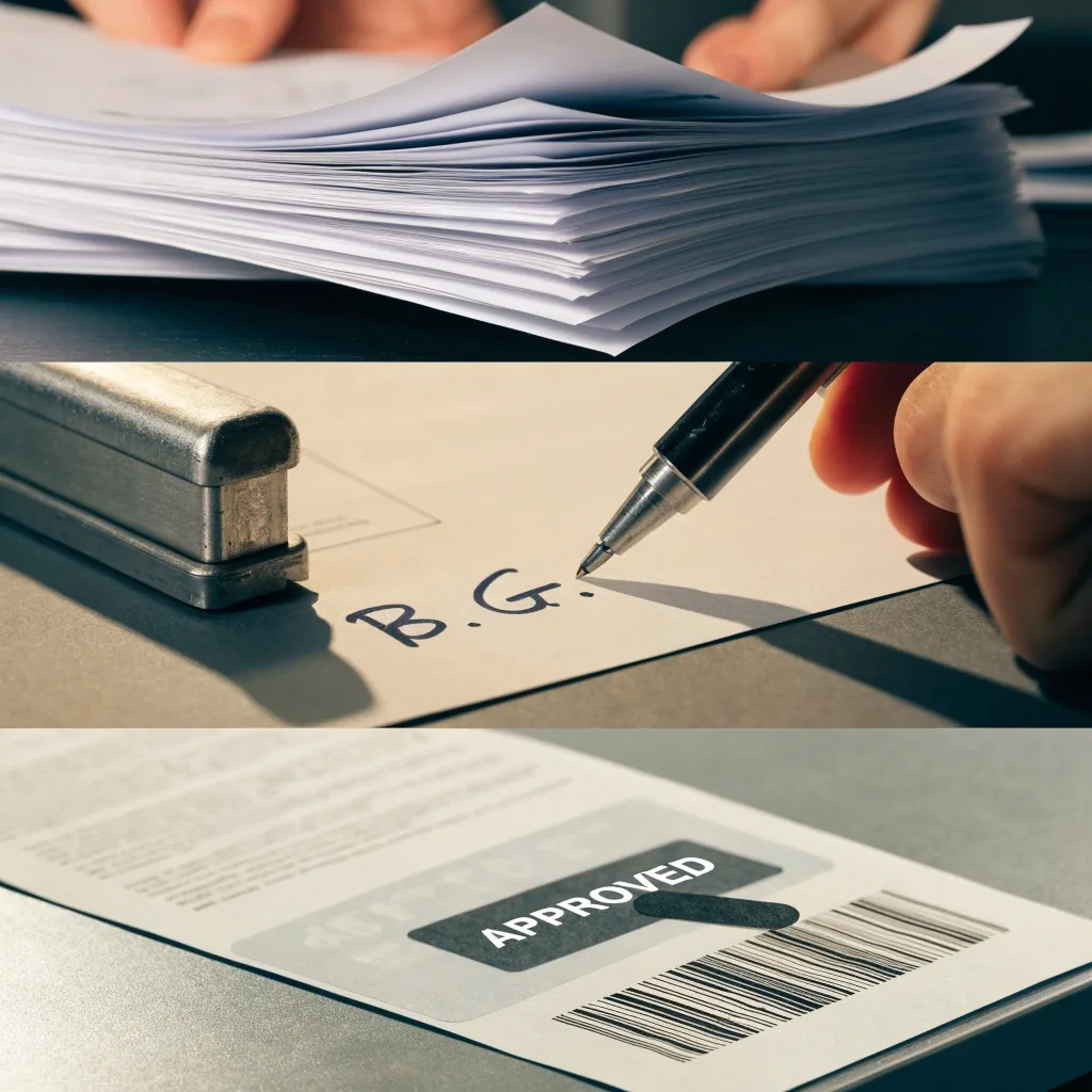 Stack of vendor invoices on a matte counter beside an open laptop with morning light across the paper