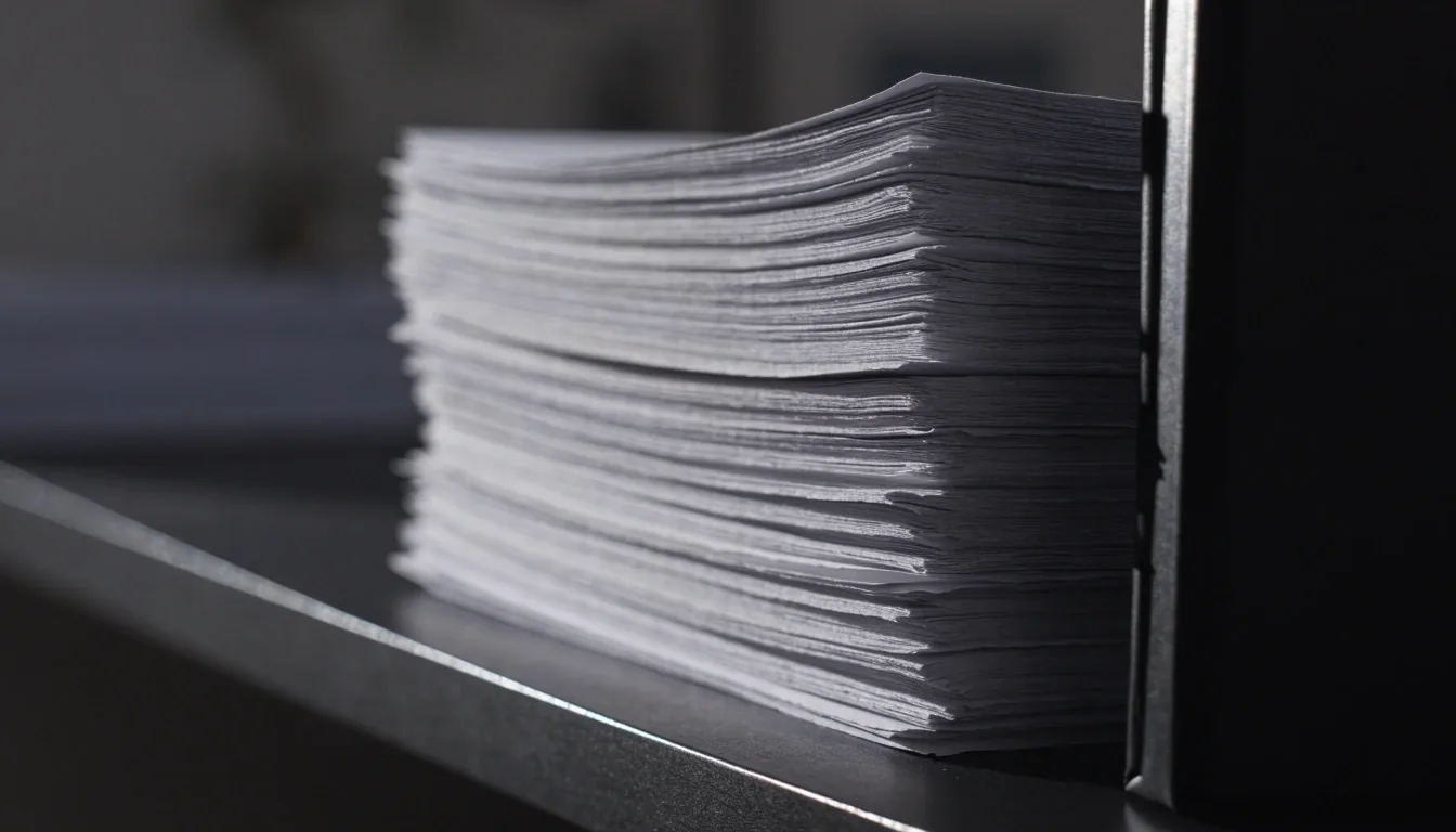Closed binder and squared receipts on a desk in cool evening light