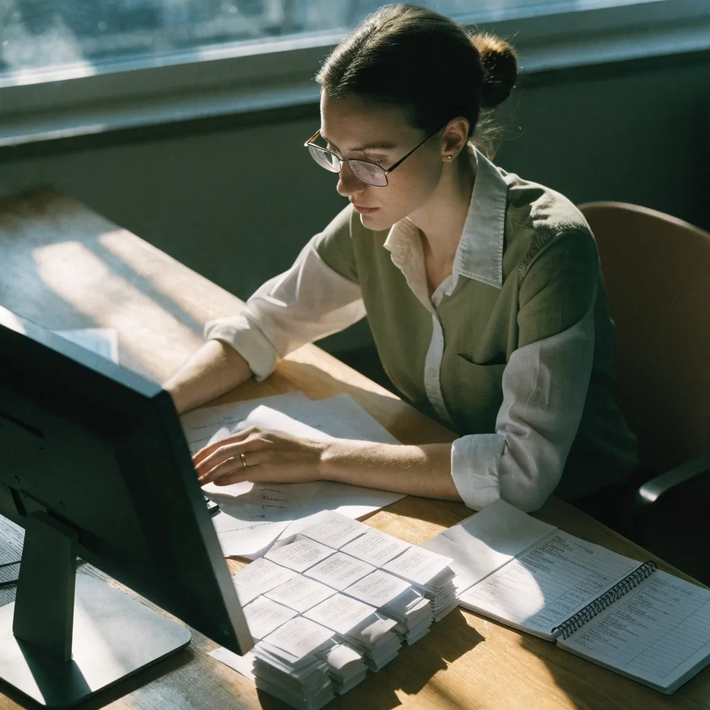 Finance desk with an open bank statement sheet, receipts squared along the edge, and soft screen glow