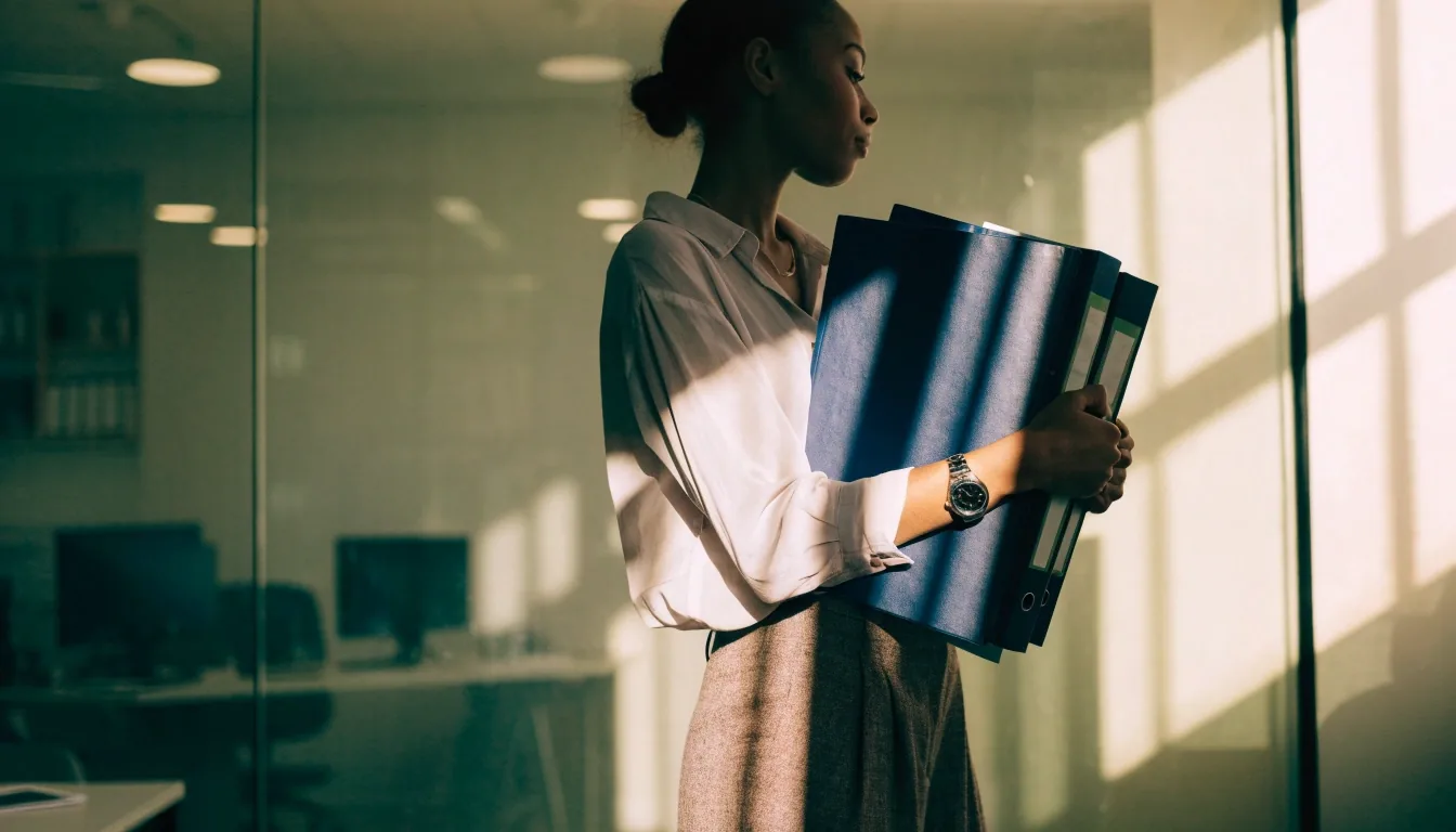 Two closed binders standing side by side on a counter with morning light striping the spines