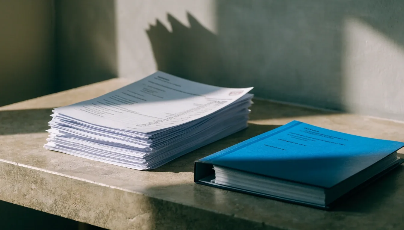 A squared stack of supplier invoices beside a closed binder on a matte counter