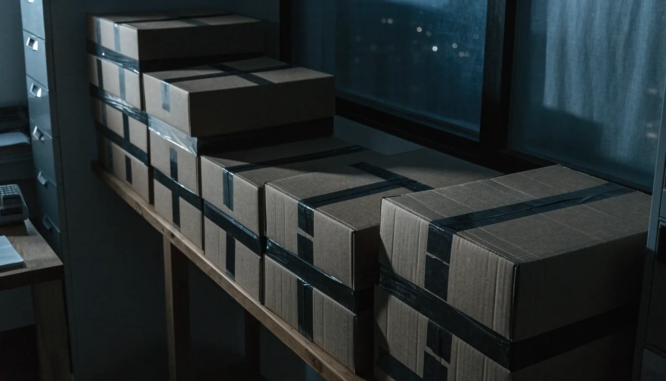 A closed reconciliation binder on a matte desk in cool evening light