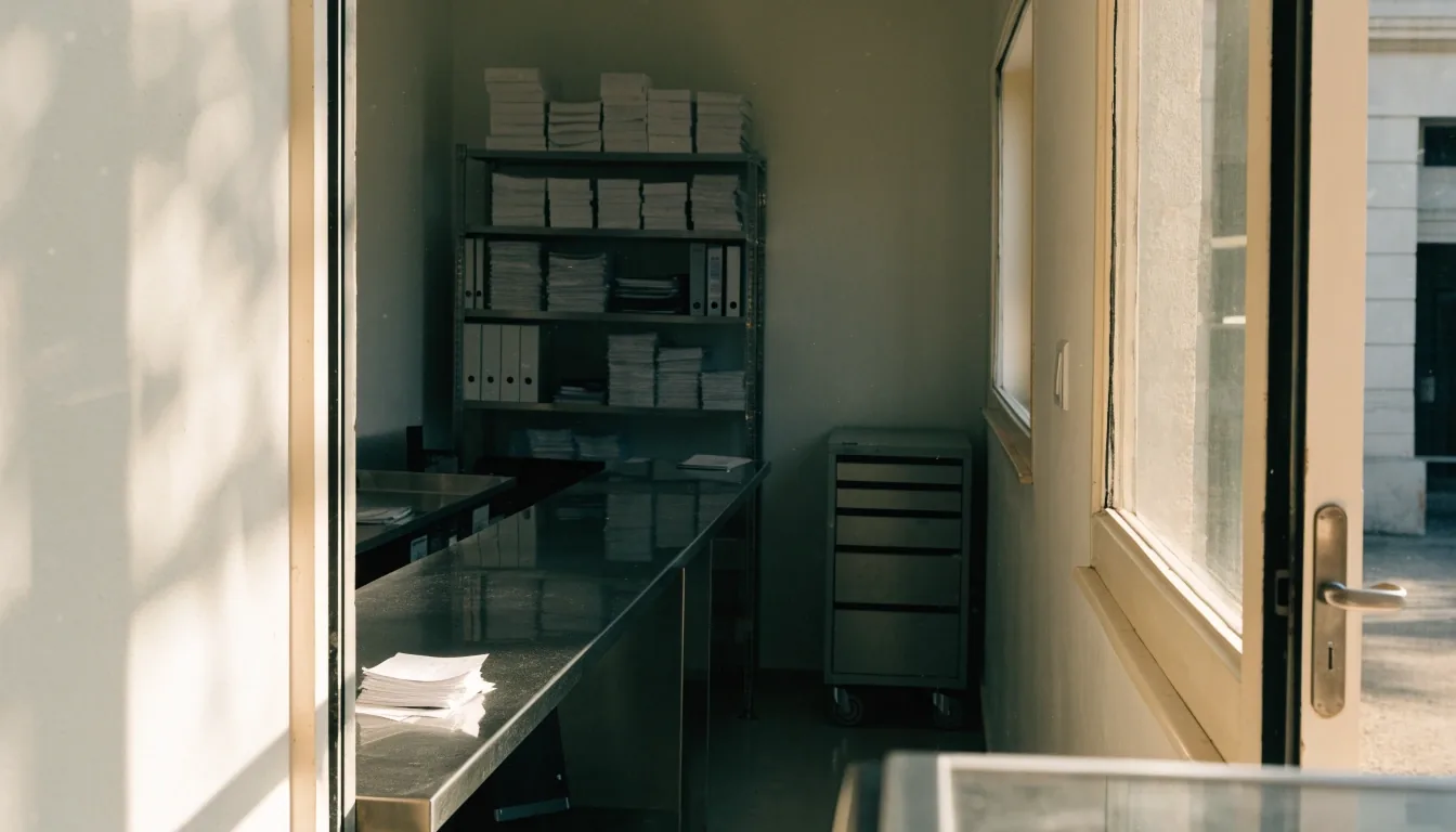 A receipt stack squared beside a closed binder on a finance desk under morning light