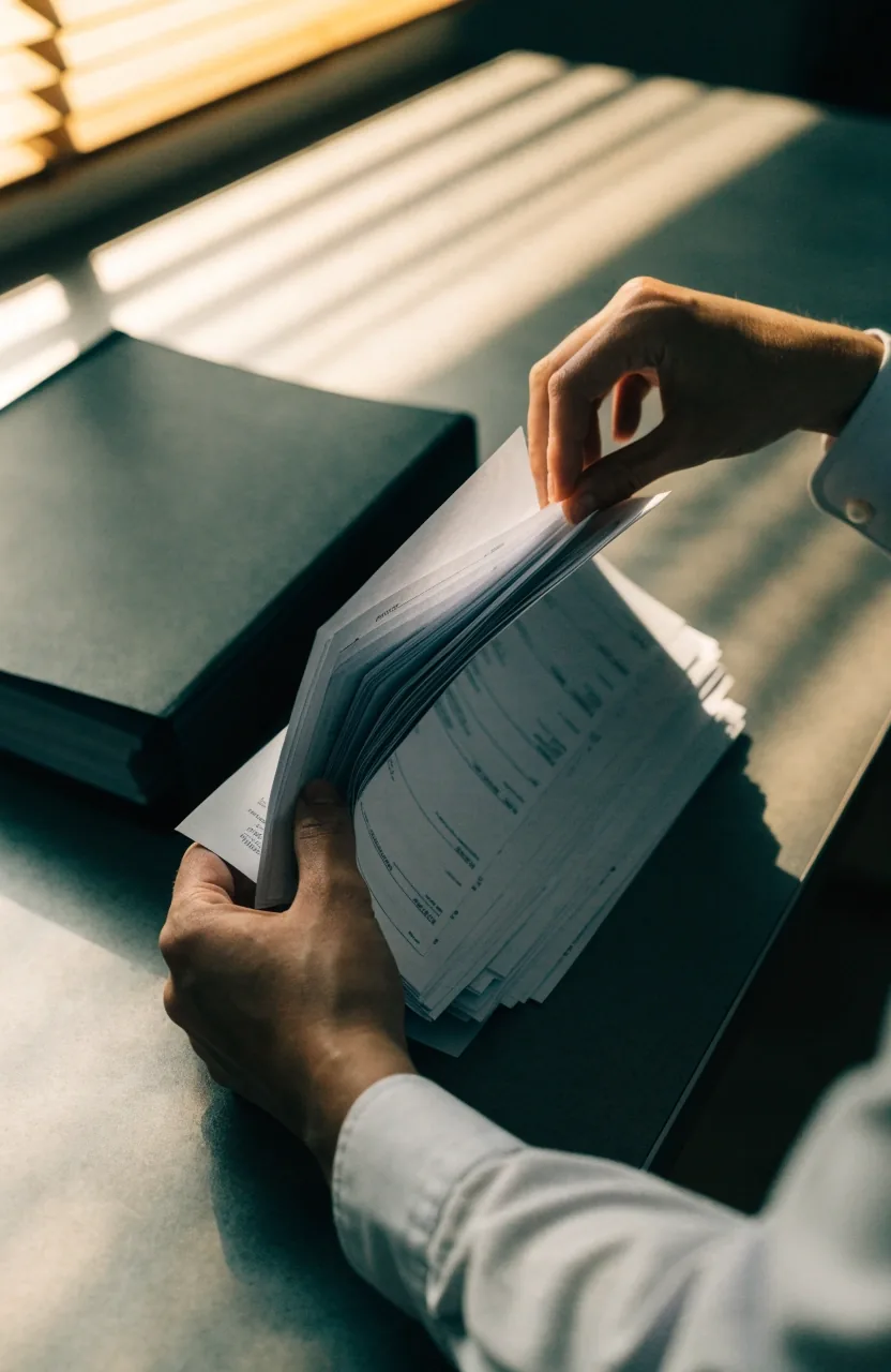 Squared stack of supplier invoices on a matte counter beside a closed binder in morning light