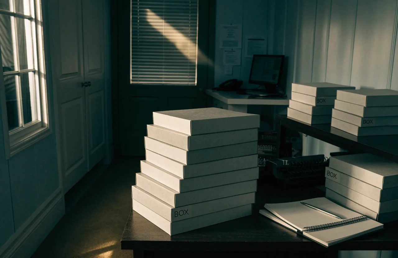 A matte folder, sealed envelope and blank sheet arranged in a row on a counter in morning light