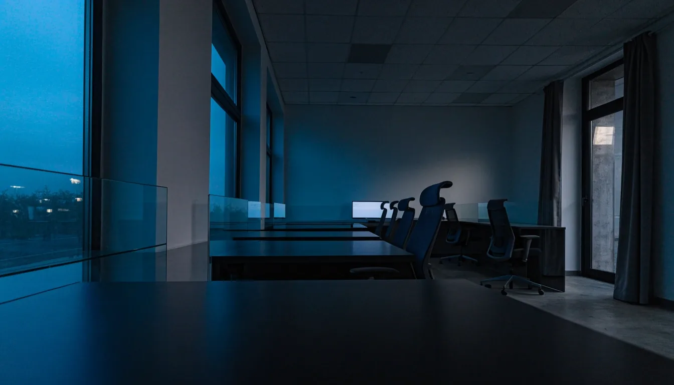 Two side-by-side stacks of settlement paperwork on a long counter with raking morning light