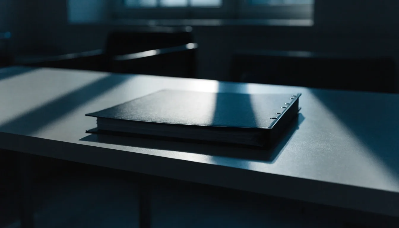 A closed binder on a desk under cool end-of-day light
