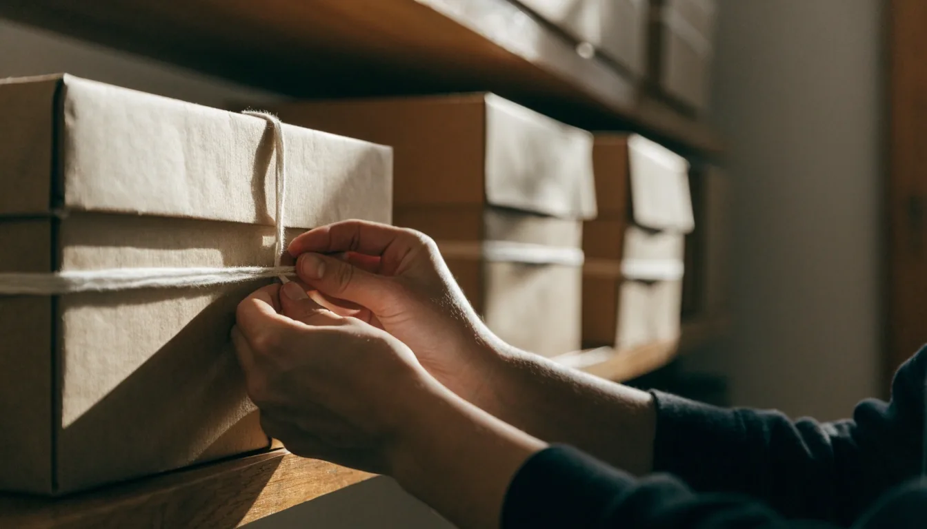 A squared stack of receipts beside a closed binder under warm low sunlight